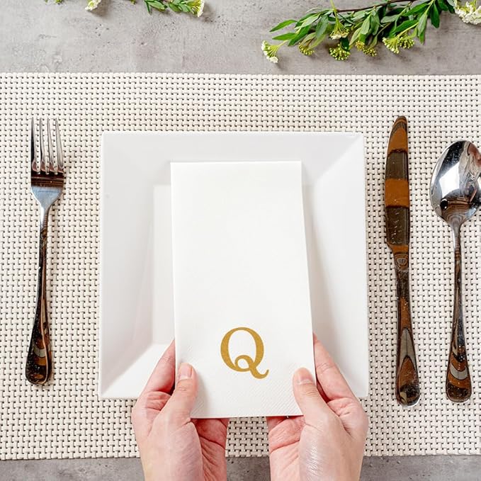 Luxenap 15.8 X 7.9 Inch Linen-Feel Guest Towels, 2000 Lettered Hand Towels - Gold Letter 'Q', Sans Serif Font, White Paper Dinner Napkins, airlaid, For Restrooms And Tables