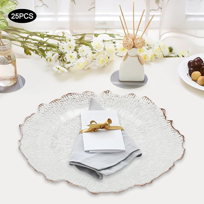 25 Pcs Reef Charger Plates Bulk Clear with Rim,Plastic Floral Charger Plates for Dinner Wedding Service Table Plate for Parties 13 inch(25pcs-Pink-2)