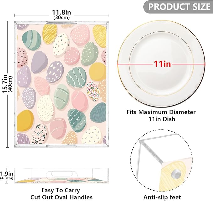 Serving Tray with Handles Clear Acrylic Tray 12x16 Inch Decorative Rectangular Tray Organizer for Ottoman Coffee Table Bathroom Pink Decorative Easter Egg