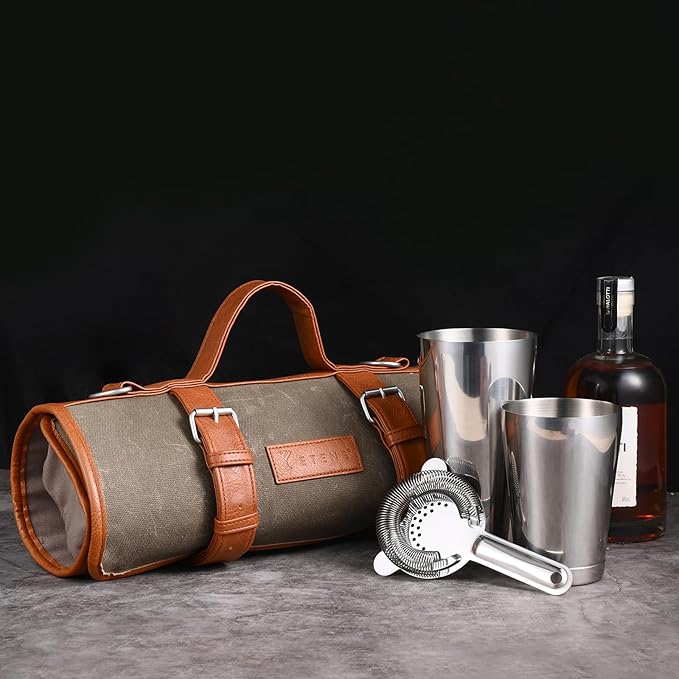 Travel Bartender Kit – 22-Pc Bartending Kit with Bar Tools Bartender Accessories, Waxed Canvas Tool Bag – Professional Stainless Steel Bar Tools Set with Standard Jigger, Unbreakable Squeezer