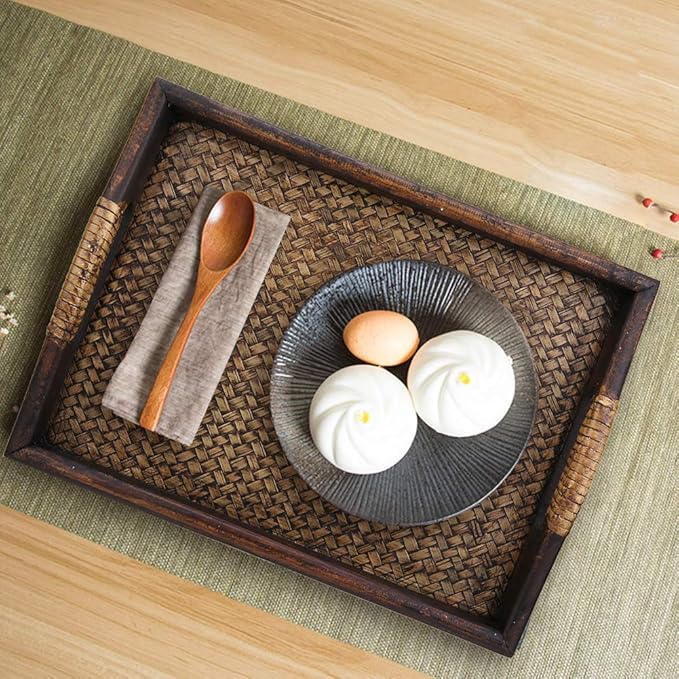 Woven Rattan Rectangle Serving Tray, 9 in Hand Woven Rattan Serving Tray Hand-Made with Raised Handles and Wood on All Sides Decorative for Dining Coffee Table Tea Party