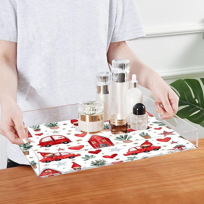 Serving Tray with Handles Clear Acrylic Tray 12x16 Inch Decorative Rectangular Tray Organizer for Ottoman Coffee Table Bathroom Watercolor Christmas Elves Stars White