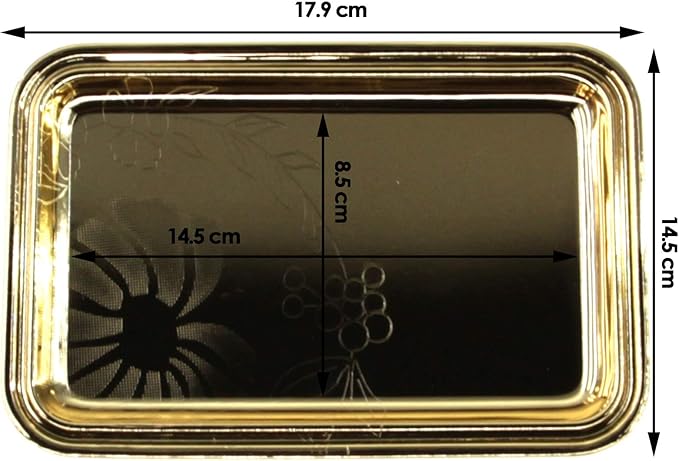 (Pack of 4) 7 inch x 4.7 inch Rectangular Iron Gold Plated Mirror Serving Tray Floral Engraved Decorative Party Birthday Wedding Buffet Wine Decor Platter Plate Base Dish CC-1155