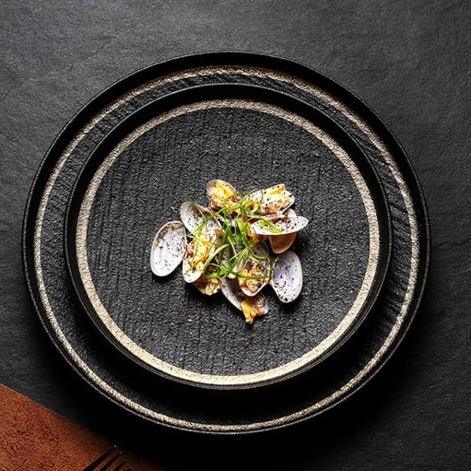 FEELIN Modern Large Dinner Plates Black Quicksand Steak Dinner Plate Frosted Western Dinner Plate Ceramic Pasta Plate Light Luxury Dish Plate Home Plate Stackable Dinner Plates(Color:B,Size:Small)