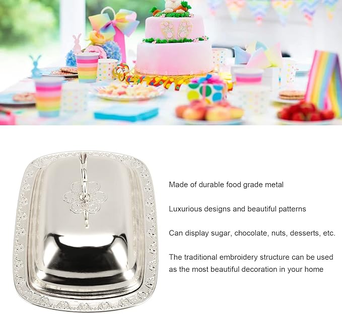 Gold Stainless Steel Gold Serving Tray, European Style Elegant Serving Platter Small Storage Fruit Tray, Eating Trays Metal Fruit Plate Table Decoration with Lid for Snacks Candies Desserts(Silver)