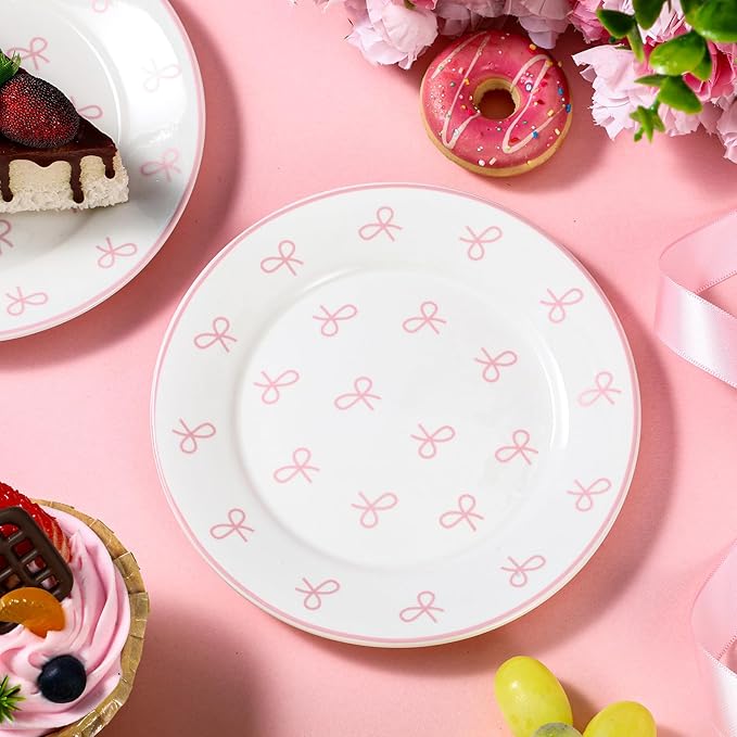 Honeydak 6 Pcs 6 Inch Pink Bow Ceramic Plates Coquette Bachelorette Tableware Decorations Pink Dinner Appetizer Dessert Dishes for Bow Theme Tableware Party Supplies for Birthday Party Table Decor