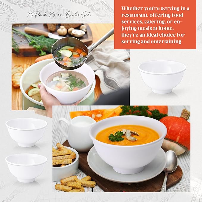 Tioncy 20 Pack 25 oz White Dessert Bowls Set Round Melamine Bowls for Pasta Cereal Rice Soup Snack Candy Ice Cream Pudding Fruit Salad, Dishwasher Safe
