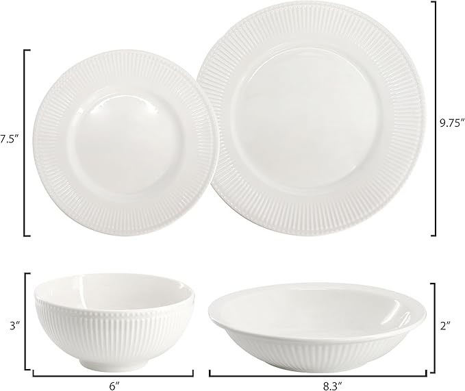 Elama Kate 16 Piece Textured Trim Double Bowl Porcelain White Dinnerware Set, Serveware, Tableware, Bowls, Plate Set (Kate)