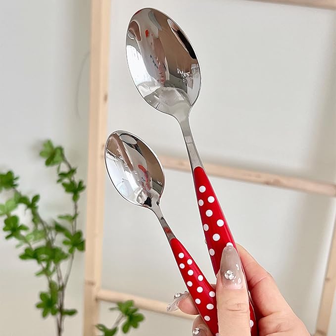 60-Piece Silverware,Service for 10，Stainless Steel Flatware Set，Red Cute Polka Dot Handle， French for Flatware Sets Afternoon Tea,Mirror Finish, Gift Box，Machine Washable