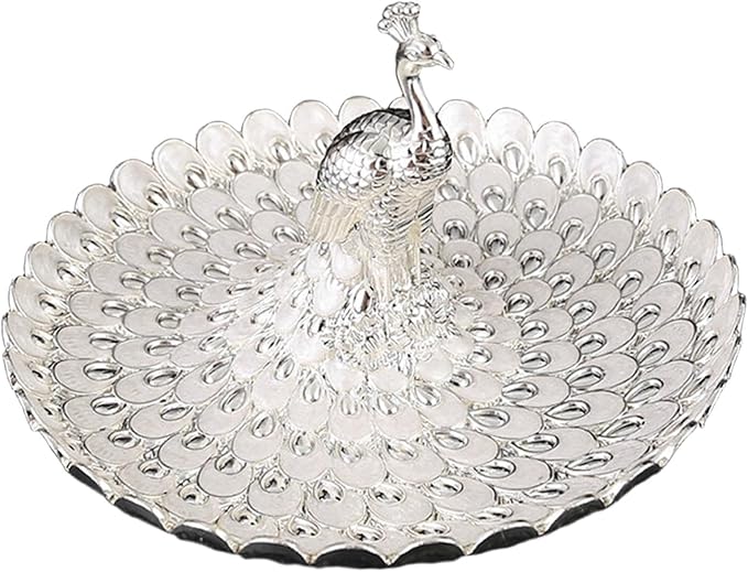 Fruit Dish Cosmetic Tray Peacock Sturdy Snack Storage Plate Vanity Storage Holder Serving Tray for Trinket Jewelry Wedding, Silver White