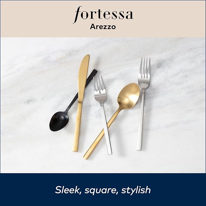 FORTESSA Arezzo 18/10 Stainless Steel Flatware, 5 Piece Place Setting With Knife, Forks and Spoons (Service For 1), Dishwasher Safe, Brushed Silver