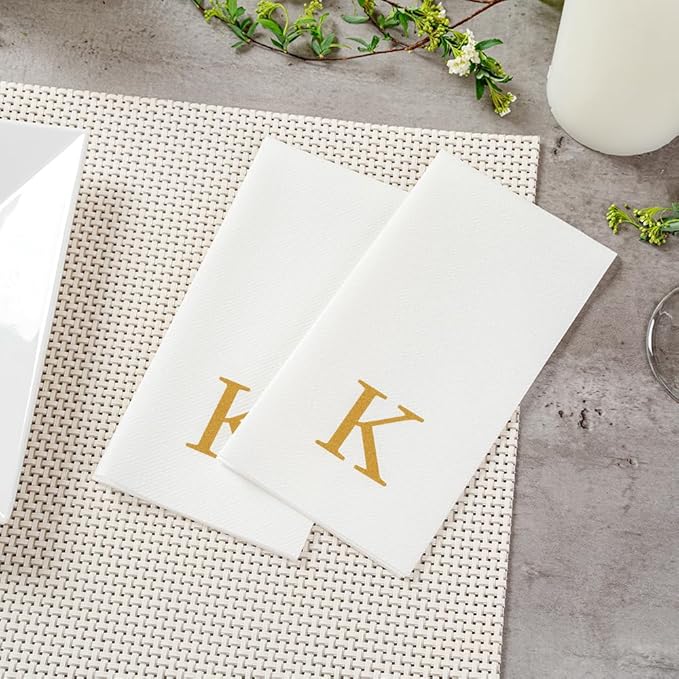 Luxenap 15.8 X 7.9 Inch Linen-Feel Guest Towels, 2000 Lettered Hand Towels - Gold Letter 'K', Sans Serif Font, White Paper Dinner Napkins, airlaid, For Restrooms And Tables