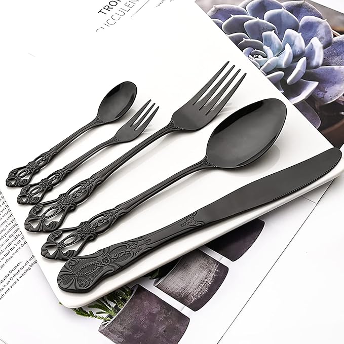 Elegant 32-Piece (4 Set) Retro Flatware Set, Stainless Steel Cutlery Set - Complete Eating Tableware Serving Set, Dishwasher Safe, Shiny Mirror Polish (Black)