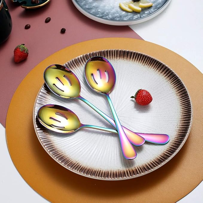 Rainbow 10-Piece Serving Flatware Set - Stainless Steel Silverware with Slotted Spoon, Cake Server, Fork, Soup Ladle