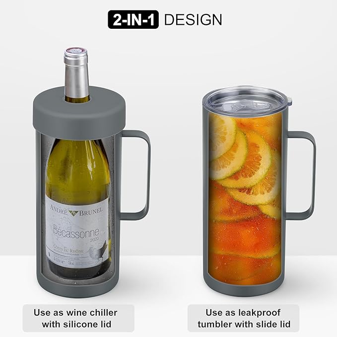 MAXSO 42oz Wine Chiller Iceless Cooler Tumbler - Gift for Wine Lovers, 2-IN-1 Stainless Steel Vacuum Insulated Bucket Portable Mug Cup Wine Accessory Keep Cold, Fit Most 750ml Wine & Champagnes, Grey