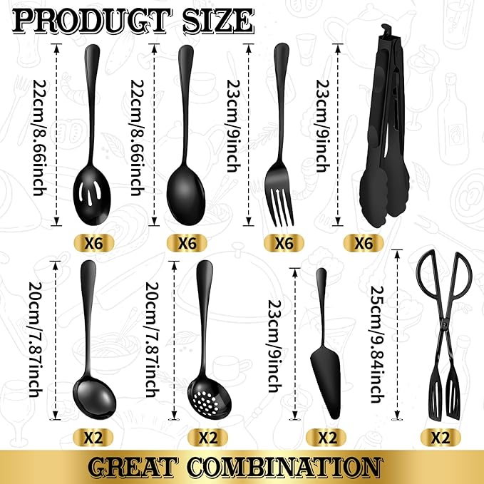 32Pcs Serving Utensils Set Serving Spoons, Buffet Tongs, Cake Spatula, Forks, Perforated Ladles, Soup Scoops, Skimmers and Black Heavy-Duty Serving Tongs (BLACK1)