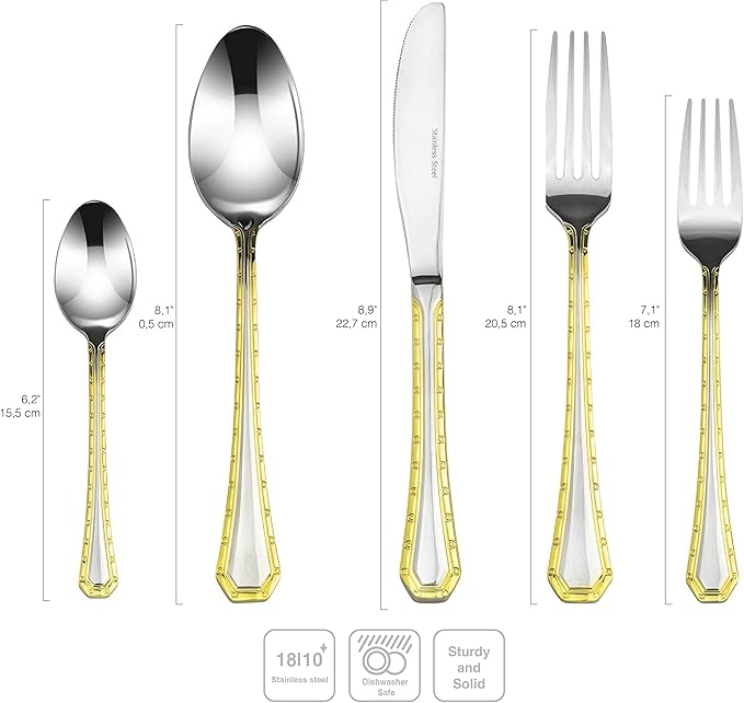 18/10 Stainless Steel Flatware Set - 20pc Italian Collection Style Tableware with Gold Geometric Border - Elegant Design for Home and Kitchen Use - Ideal for Wedding Gifts (Damascus (20 Piece)