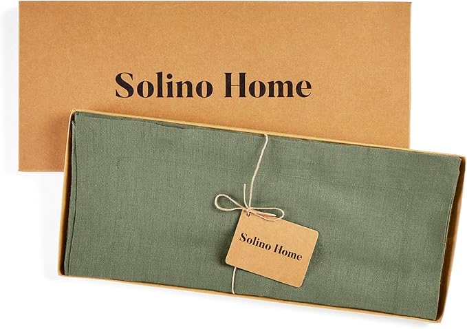 Solino Home Linen Oil Green Table Runner 72 Inches Long - 100% Pure Linen 14 x 72 Inch Table Runner for Christmas, New Year - Fete