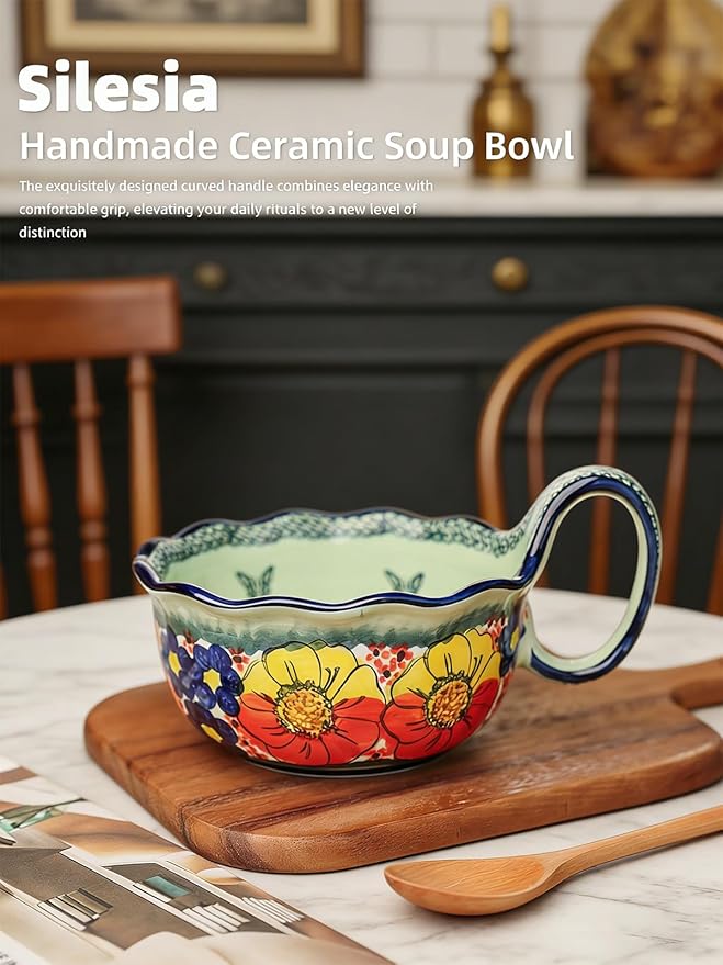 silesia Handmade Ceramic Soup Bowl, 30 oz Hand Painted Bowl with Loop Handle, Floral Design Cereal Bowl for Soup, Ice cream, Snack, Microwave & Dishwasher Safe (Glazed Green)