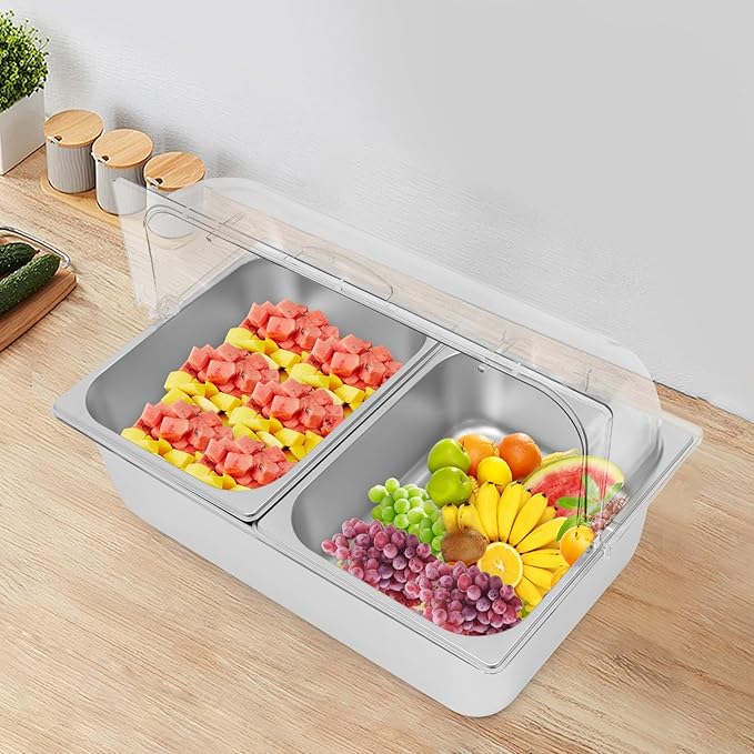 2 Pans Countertop Food Serving Display Container, Stainless Steel Flip-Top Fruit Tray with Clear Roll Top Cover, Buffet Chilled Condiment Container for Restaurant Hotel Kitchen
