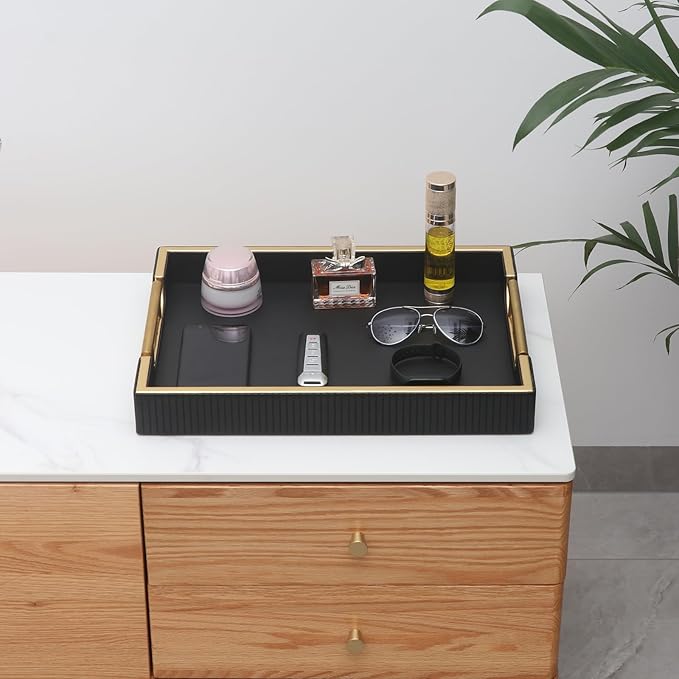 Wooden Structure Leather Decorative Coffee Table Square Tray, Farmhouse Counter PU Tray - Room Serving Trays, Brushed Champagne Gold Handle (Black)