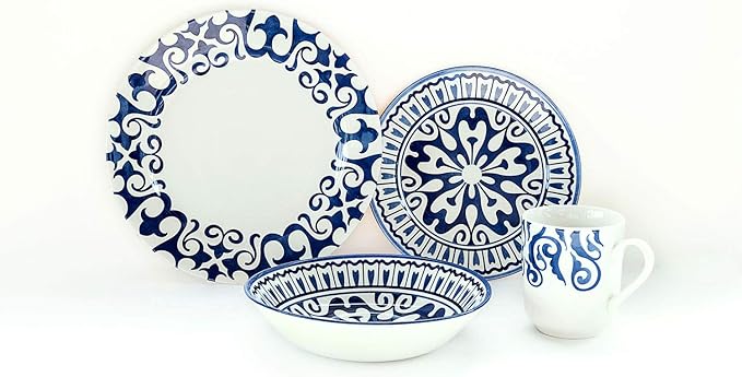Tudor Royal Collection 24-Piece Premium Quality Round Porcelain Dinnerware Set, Service for 6 - HENNA BLUE, See 10 Designs Inside