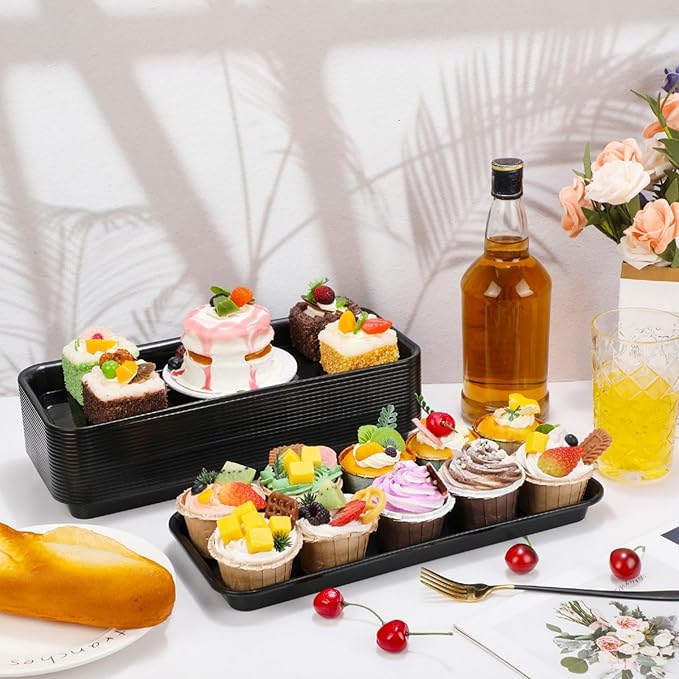 20 Pcs Serving Platters 14 x 6 Inch Rectangle Serving Trays Reusable Food Tray Dishes Dessert Trays Plastic Plates for Wedding Home Table Thanksgiving Christmas Party(Black)