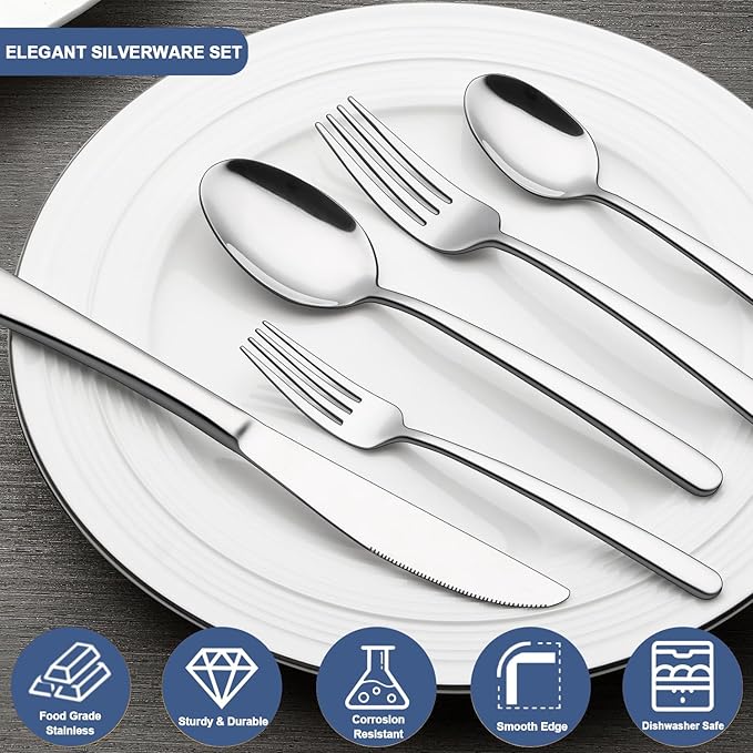 40-Piece Silverware Set for 8, Wildone Premium Stainless Steel Flatware Set, Heavy Duty Cutlery Utensil Set for Home Restaurant, Include Fork Knife Spoon Set, Dishwasher Safe