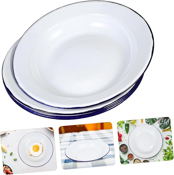 PRETYZOOM 4pcs Flat Rim Enamel Plates Scratch-Resistant Ceramic Dinnerware for Appetizers Desserts and Salads Vintage White Enamel Serving Dishes for Home and Outdoor Use