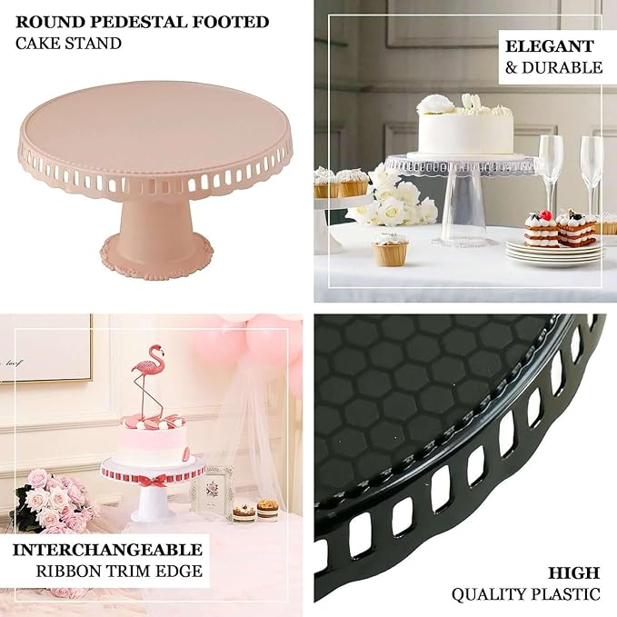 Efavormart 4 Pack | 13" Blush/Rose Gold Round Pedestal Footed Reusable Plastic Cupcake Stands with Interchangeable Ribbon Trim Edge