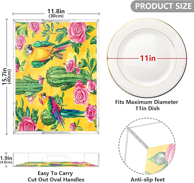 Serving Tray with Handles Clear Acrylic Tray 12x16 Inch Decorative Rectangular Tray Organizer for Ottoman Coffee Table Bathroom Yellow Cute Cacti Parrots and Roses
