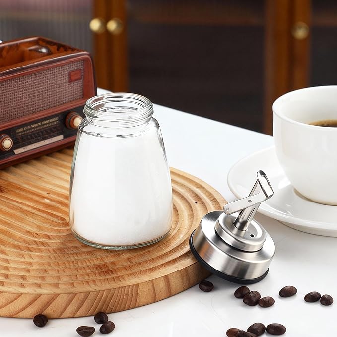 Glass Sugar Dispenser with Stainless Steel Lid, Automatic Pour Spout, Sugar Container for Coffee Bar, Sugar Jar, Sugar Bowl, Salt Shaker, 6OZ