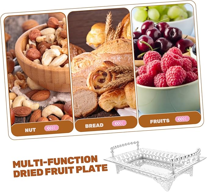 Unomor Nordic Style Metal Fruit Serving Tray with Handle 270# Silver Decorative Snack Plate for Parties and Entertaining Appetizer Storage Holder