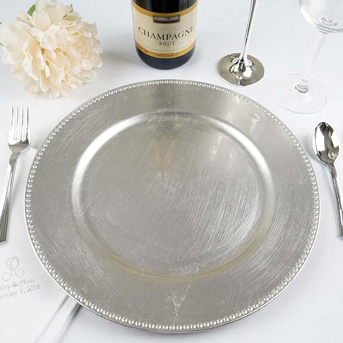 13" Charger Plates -Set of 12 - Acrylic Silver Round Beaded Disposable Chargers, Ideal for Dinner Party Wedding Bulk Events Tabletop Decoration