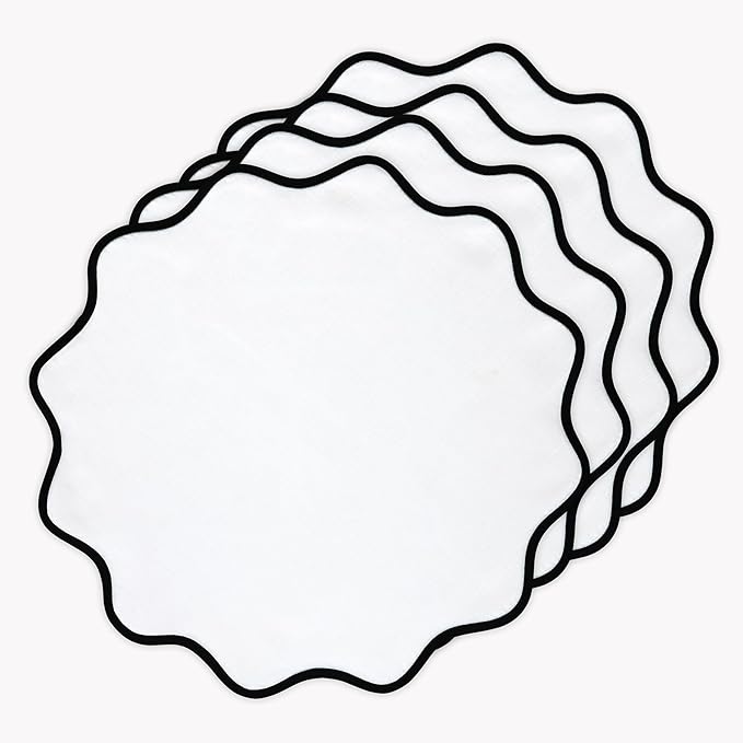 Solino Home Linen Scallop Cloth Placemats Set of 4-100% Pure Linen Black and White Round Placemats 16 Inch for Winter - Giselle Scallop Edge, Handcrafted and Machine Washable