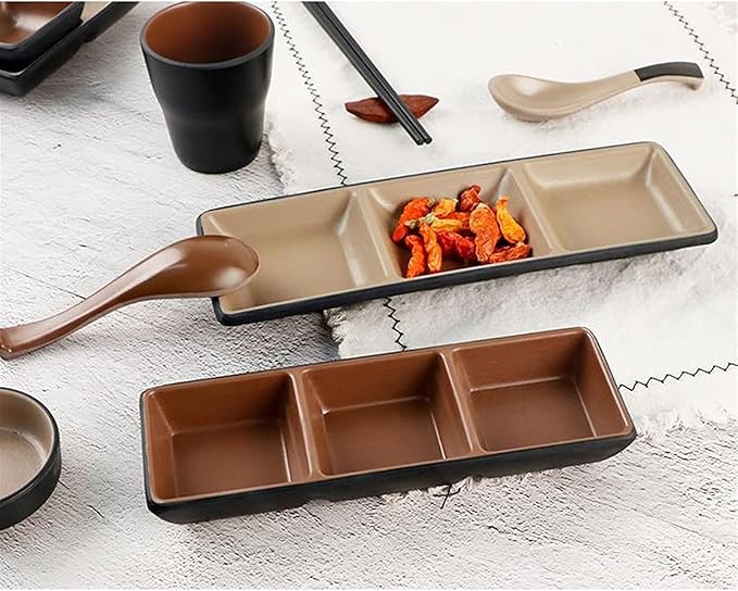 Sauce Dish 8.43 Inch Rectangle Plastic Appetizer Plates Dipping Soy Sauce Dishes Vinegar Olive Oil Ketchup Snack and Dessrt Seasoning Dishes(3 Compartment) Dipping Bowls (B)