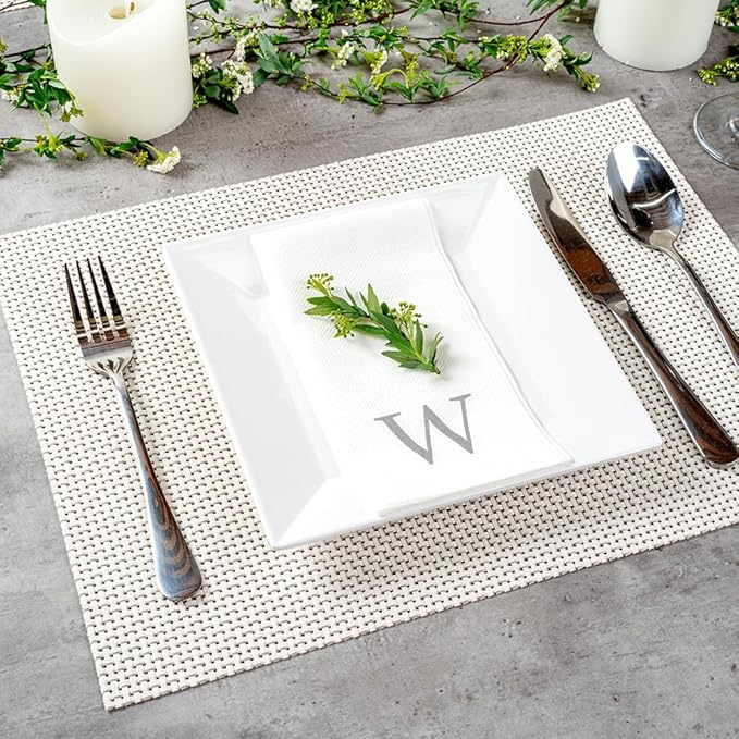 Luxenap 15.8 X 7.9 Inch Linen-Feel Guest Towels, 50 Lettered Hand Towels - Silver Letter 'W', Sans Serif Font, White Paper Dinner Napkins, airlaid, For Restrooms And Tables - Restaurantware