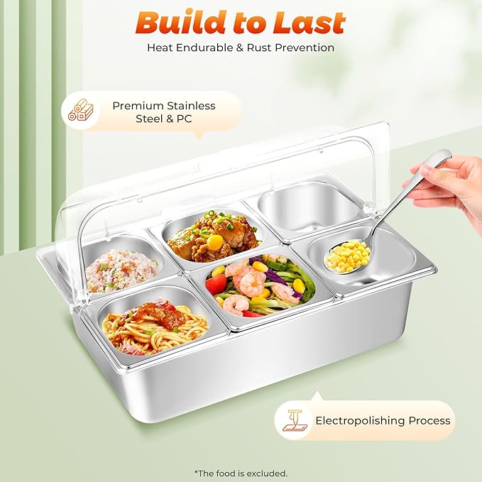 Countertop Food Serving Display, 6 Pans Food Serving Tray Stainless Steel Ice Food Serving Display Tray with Lid for Restaurants and Hotels 21 x 13 x 13 Inch