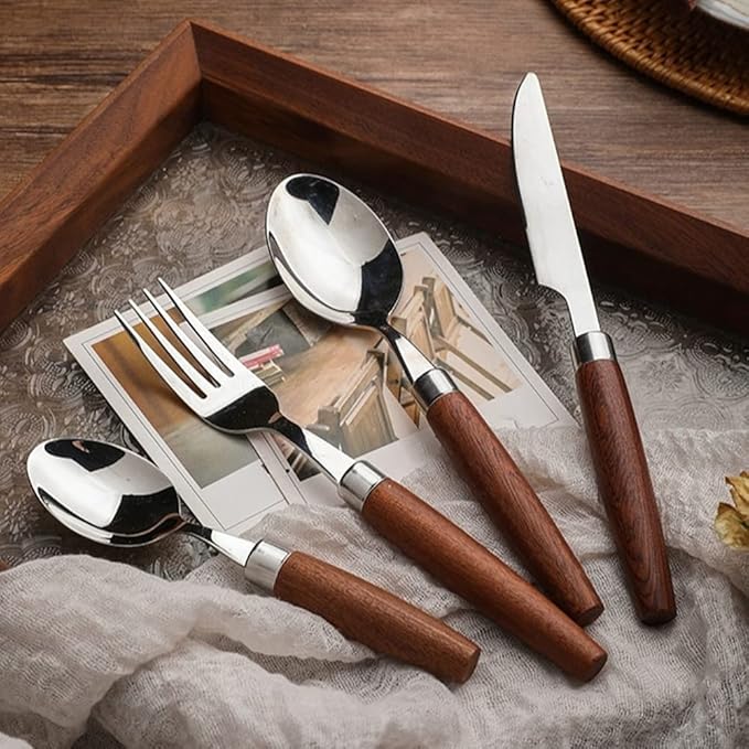 Wood Silverware Set for 14 Premium 18/10 Stainless Steel Flatware Set 56 Piece Wooden Cutlery Tableware Utensils Modern Knives Forks and Spoons Set for Home Kitchen Wedding Restaurant