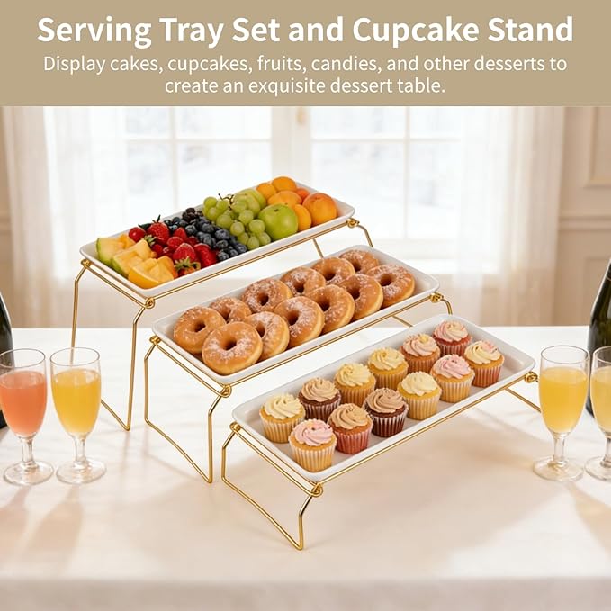 Large 3-Tier Melamine Serving Tray Set with Display Stand, Tiered Serving Tray for Food Display, 17 Inch Platters Dessert Cupcake Stand for Parties and Events