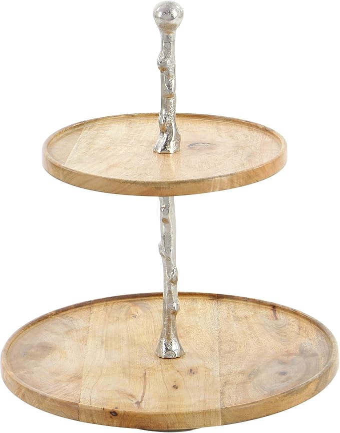 Deco 79 Mango Wood Tiered Server with Aluminum Accents, 14" x 14" x 18", Brown