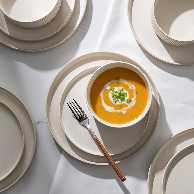 Dinnerware Set Service for 8, 24-Piece Ceramic Plates and Bowls Set, Chip & Scratch Resistant, Microwave and Dishwasher Safe, Modern Minimalist Tableware for Everyday Use, Matte White