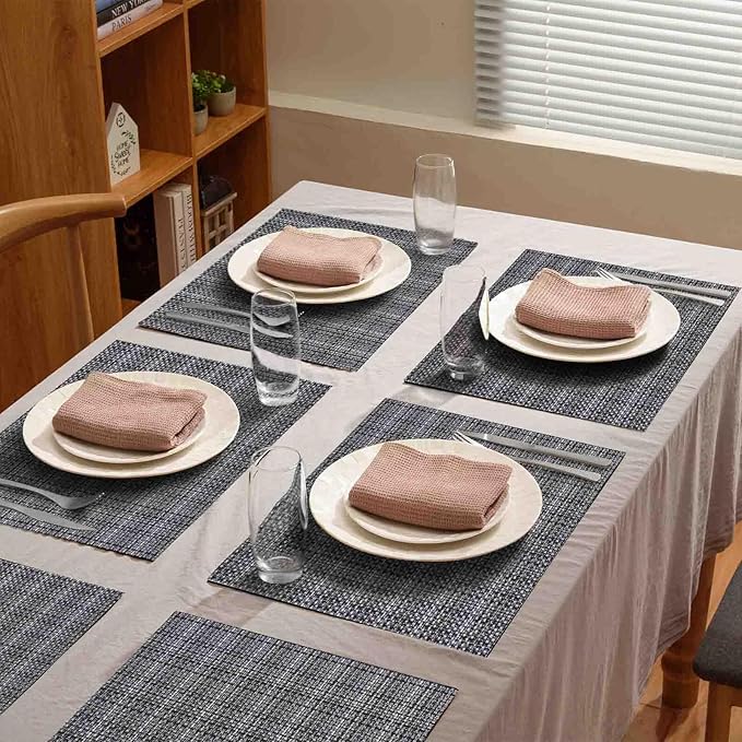 AHHFSMEI Placemats for Dining Table Set of 6 Woven Vinyl Plastic Place Mats Non-Slip Heat Insulation Stain Resistant Table Mats Washable Easy Clean Placemats (Linen Black)