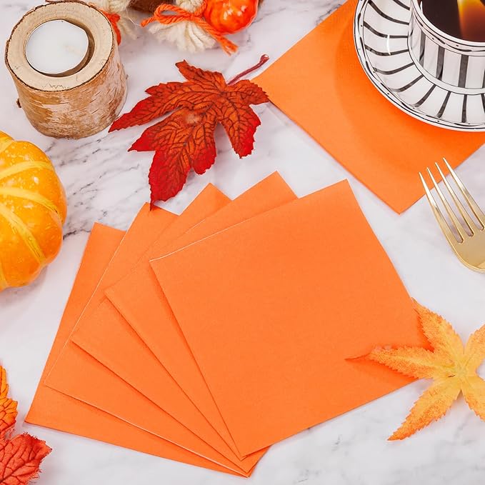 FLOWERCAT 100-Count 2-Ply Orange Napkins -Orange Cocktail Napkins Disposable Premium Quality - 5" x 5" Fall Paper Napkins for New Year Party,Fall,Bar,Weddings