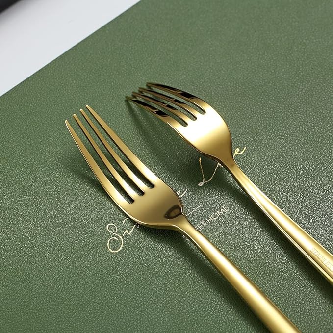 Gold Steak Knives Set 12 Piece, Premium Stainless Steel 6 Dinner Forks and 6 Dinner Knives Set, Steak Knives Steak Forks for 6 Person, Dishwasher Safe (Shiny Gold)