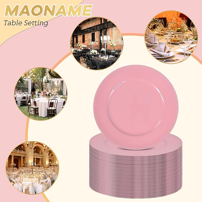 50 Pcs Pink Charger Plates, 13 Inch Round Plastic Chargers for Dinner Plates, Elegant Wedding Plate Charger Bulk, Reusable Chargers Serving Plates for Wedding Party Event Tabletop Decoration