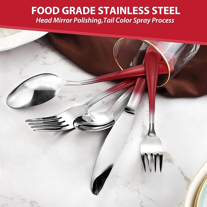 Red Silverware Set for 4,20 Piece Stainless Steel Flatware Set,Mirror Polished Dinnerware Cutlery Set of 4,Reusable Utensil Set for Kitchen,Flatware Sets,Gradient Red Silverware,Dishwasher Safe
