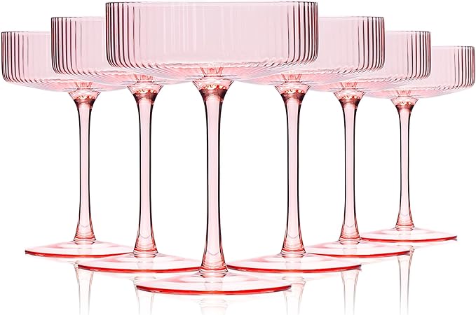 Cyrelwing 9 oz Pink martini glasses Vintage Art Deco Blush Pink Coupe Glasses Set of 6 Pink Ribbed Cocktail Glasses for Espresso Martini, Champagne,Cosmopolitan,Manhattan,Cocktail