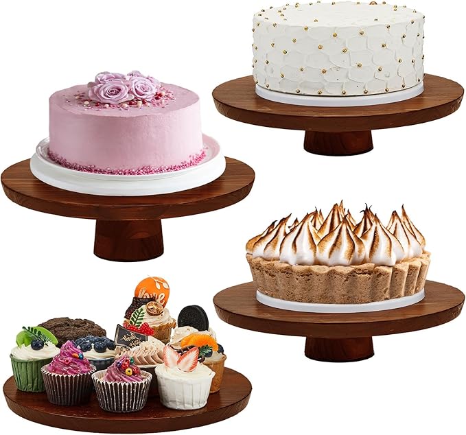 Jinei 4 Sets Wood Cake Stand Rustic 12 Inch Rotating Cake Stand Food Round Risers Turntable for Party Cake Base Wood for Display Parties Weddings Restaurants Decorating Supplies