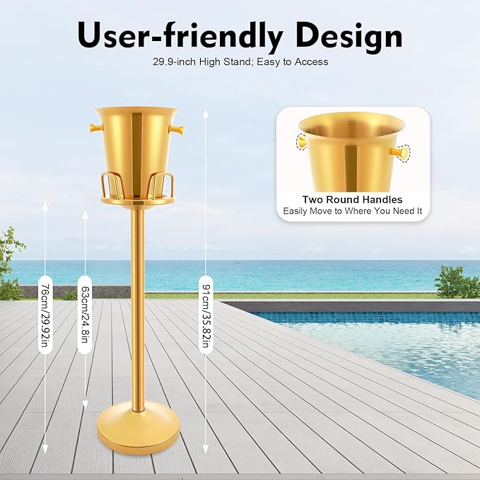 Modern Gold Party Ice Bucket 1.32Gal Stainless Steel Standing Ice Bucket with Stand for Home Parties Weddings Outdoor Events